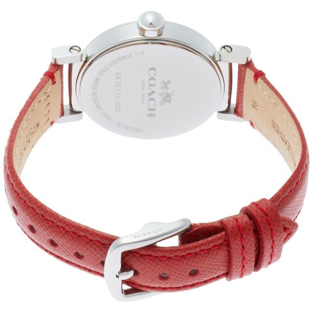 Coach Madison watch caseback showing engraved Coach branding and red leather strap