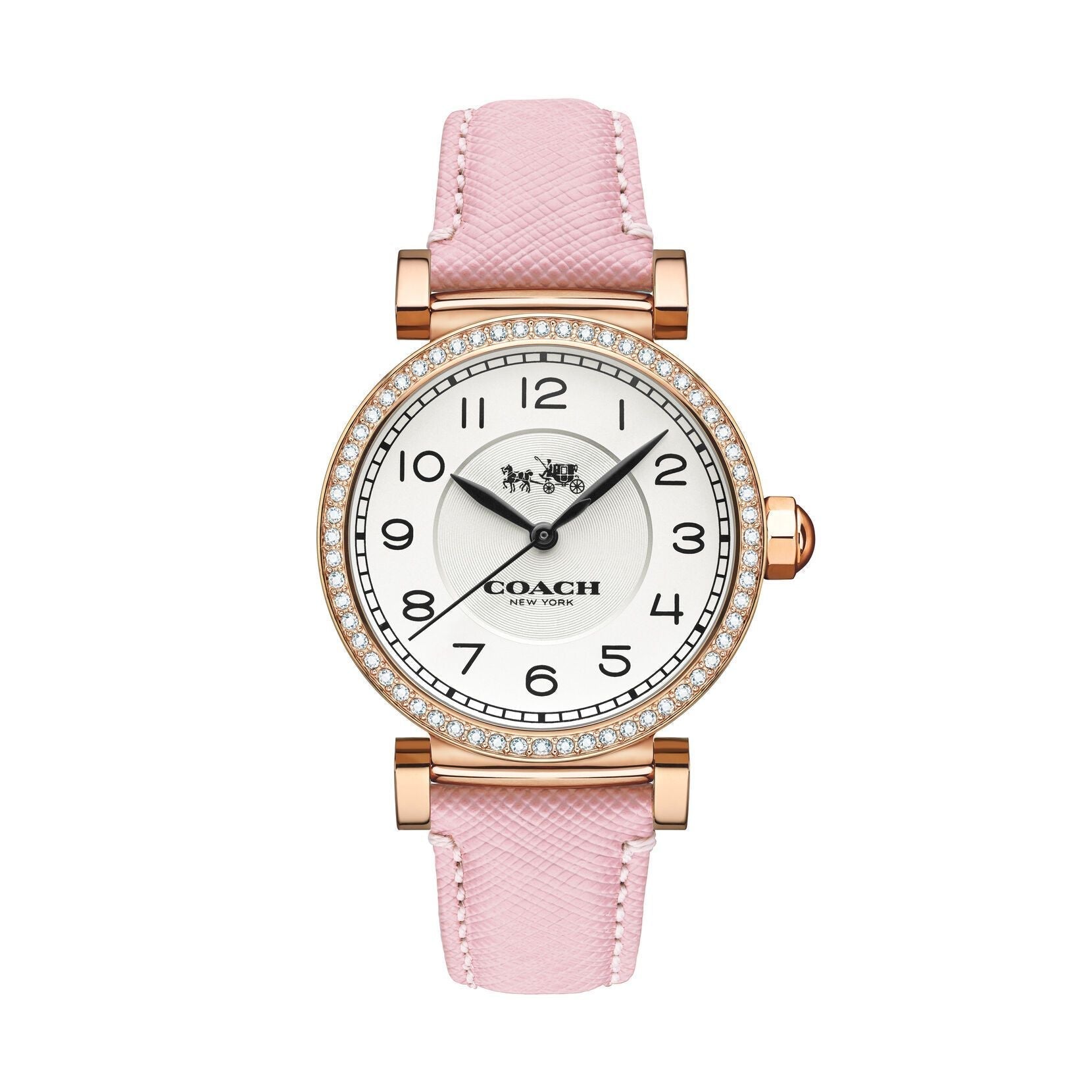 Coach Madison rose gold women's watch with white dial, crystal-set bezel, and pink leather strap