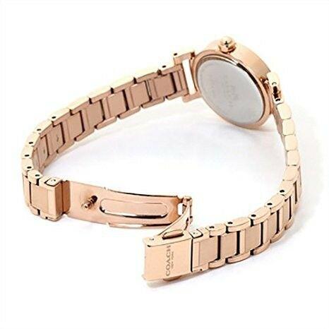 Coach Madison rose gold watch shown on side with caseback and link bracelet visible