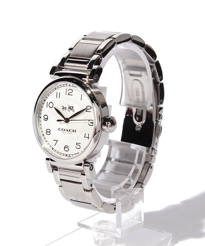 Coach Madison watch from side angle showing silver bracelet and white dial