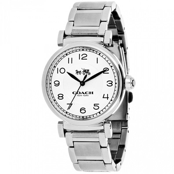 Coach Madison women's watch with silver case, white dial, and silver steel bracelet