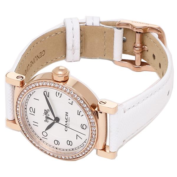 Coach Madison watch at angle showing white leather strap and rose gold buckle