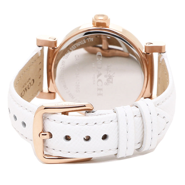 Coach Madison watch caseback displaying engraved details and white leather strap