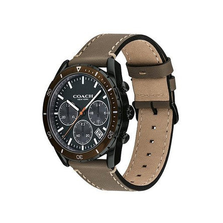 Coach men's chronograph watch displayed at angle showing olive leather strap