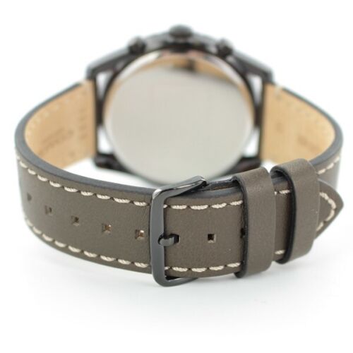 Coach watch caseback view showing olive leather strap with contrasting stitching