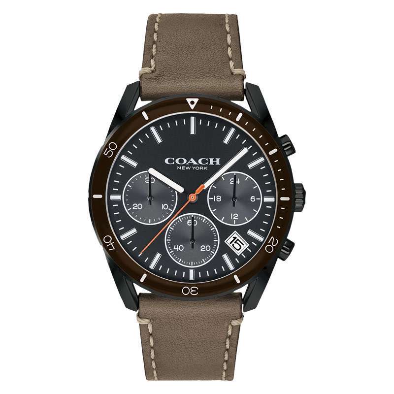 Coach chronograph watch with black dial, olive leather strap, and tachymeter bezel