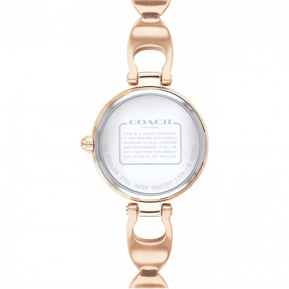 Coach Park watch caseback showing water-resistant engraving and crystal case back