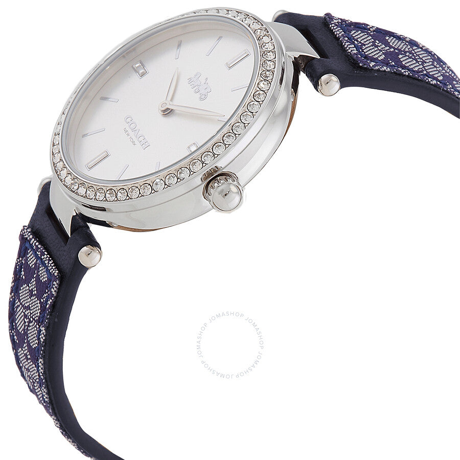 Coach Park watch angled view showing crystal bezel detail and navy patterned strap