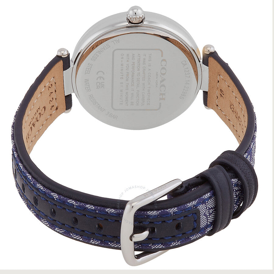 Coach Park watch caseback with navy and tan patterned leather strap