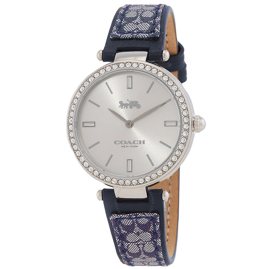 Coach Park quartz ladies watch with silver dial, crystal bezel, and navy patterned leather strap