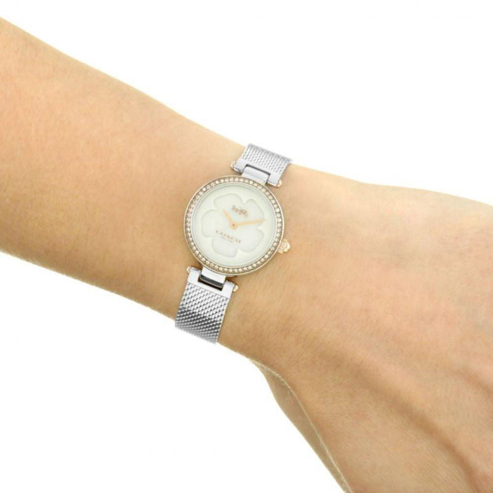 Coach Park women's watch on wrist showing mother-of-pearl dial and mesh bracelet fit