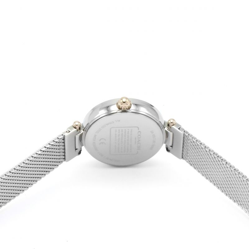 Coach Park watch case back view showing engraved case with silver mesh straps