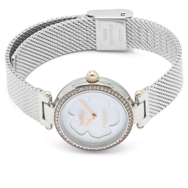Coach Park watch angled view showing mesh bracelet and floral mother-of-pearl dial detail