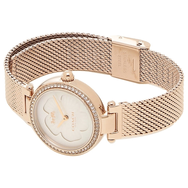 Coach Park rose gold watch on wrist showing mesh bracelet and mother of pearl dial