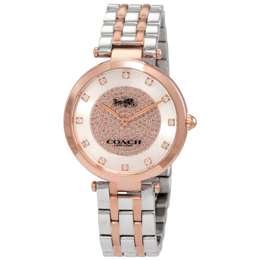 Coach Park ladies watch with rose gold case, two-tone bracelet, and crystal-paved silver dial