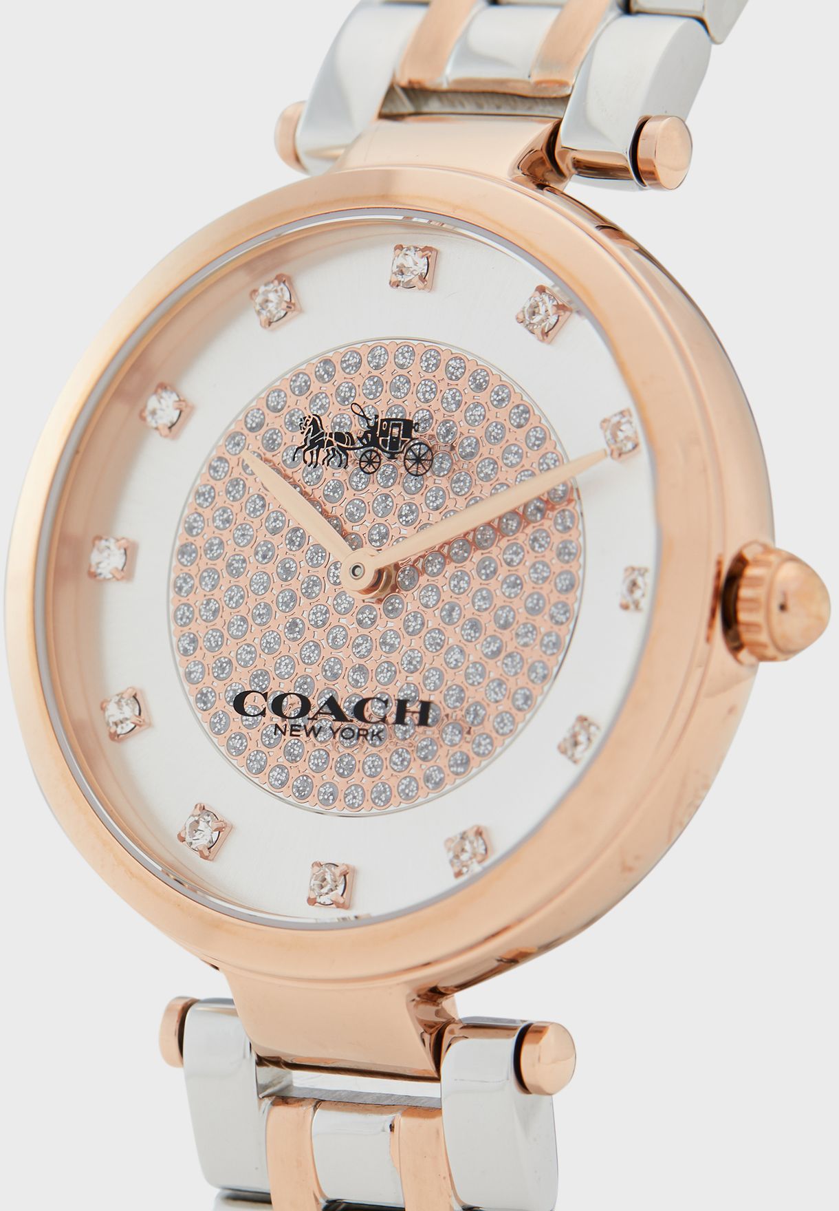Coach Park dial close-up showing crystal pave dial and diamond hour markers