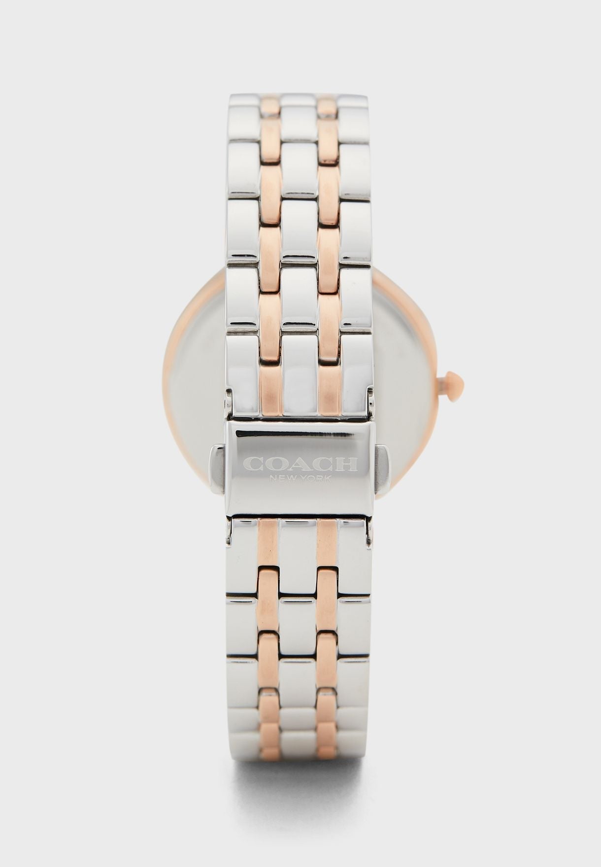 Coach Park ladies watch shown from side view of two-tone bracelet