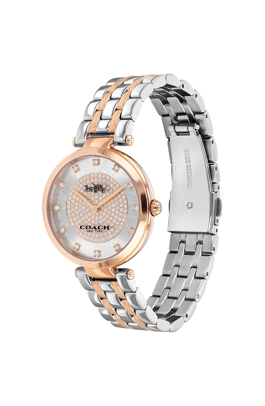 Coach Park ladies watch angled view showing two-tone rose gold and stainless steel bracelet