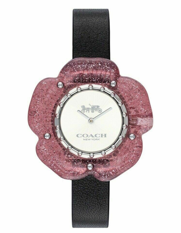 Coach Perry women's watch with pink glitter flower-shaped case, white dial, and black leather strap