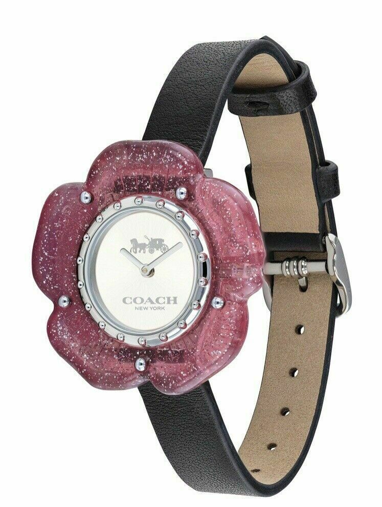 Coach Perry women's watch side view showing black leather strap with tan suede lining