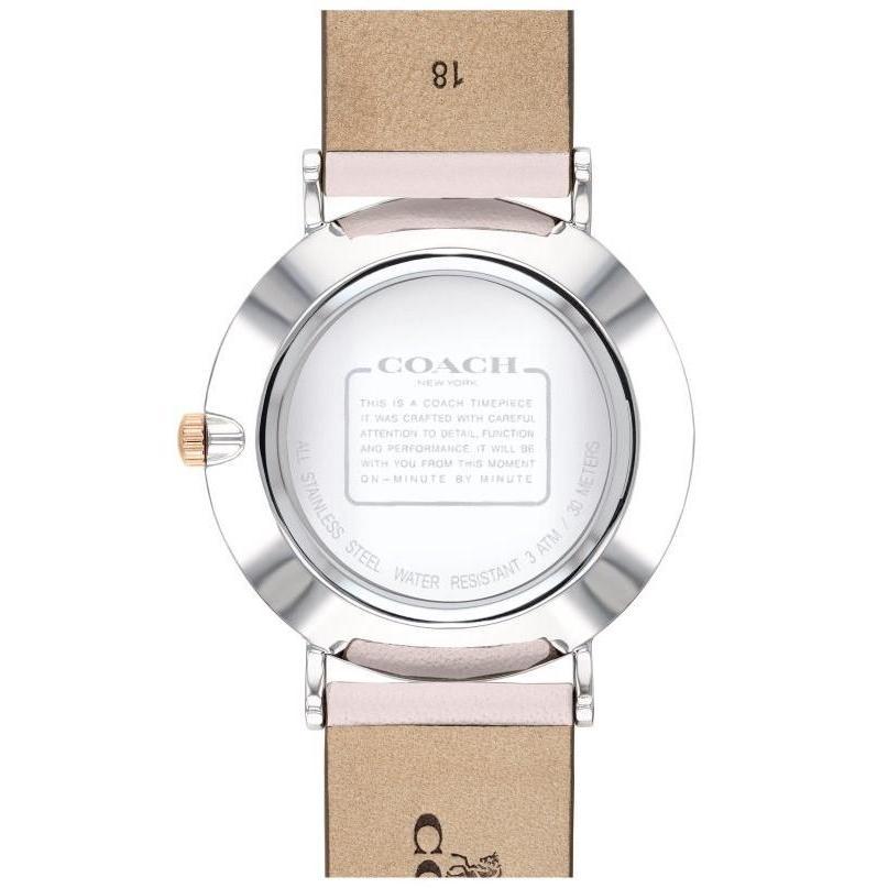 Coach Perry watch caseback showing silver-tone case with engraved Coach branding and tan box band