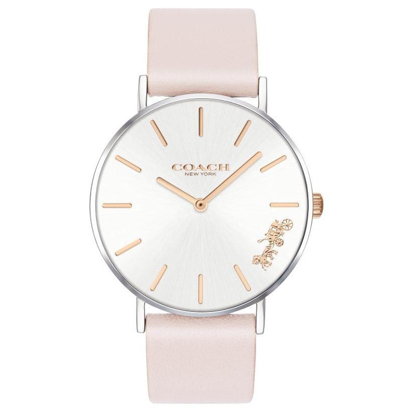Coach Perry women's watch with blush pink leather strap, white dial, and rose gold-tone indices