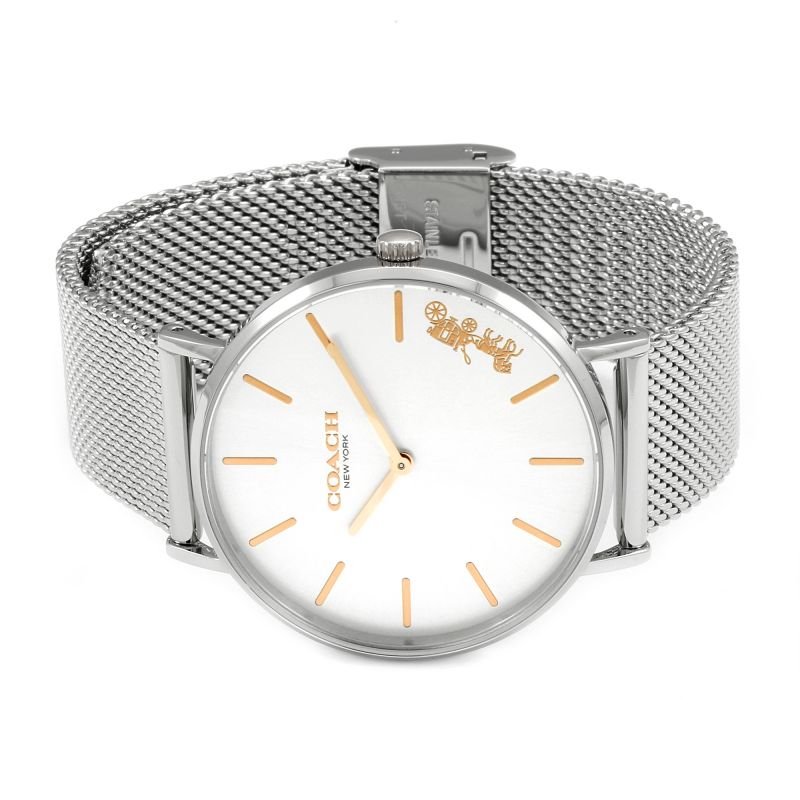 Coach Perry watch on wrist displaying silver dial with rose gold details and mesh bracelet