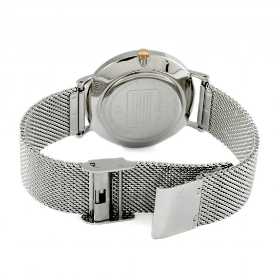 Coach Perry watch caseback showing stainless steel case and mesh bracelet detail