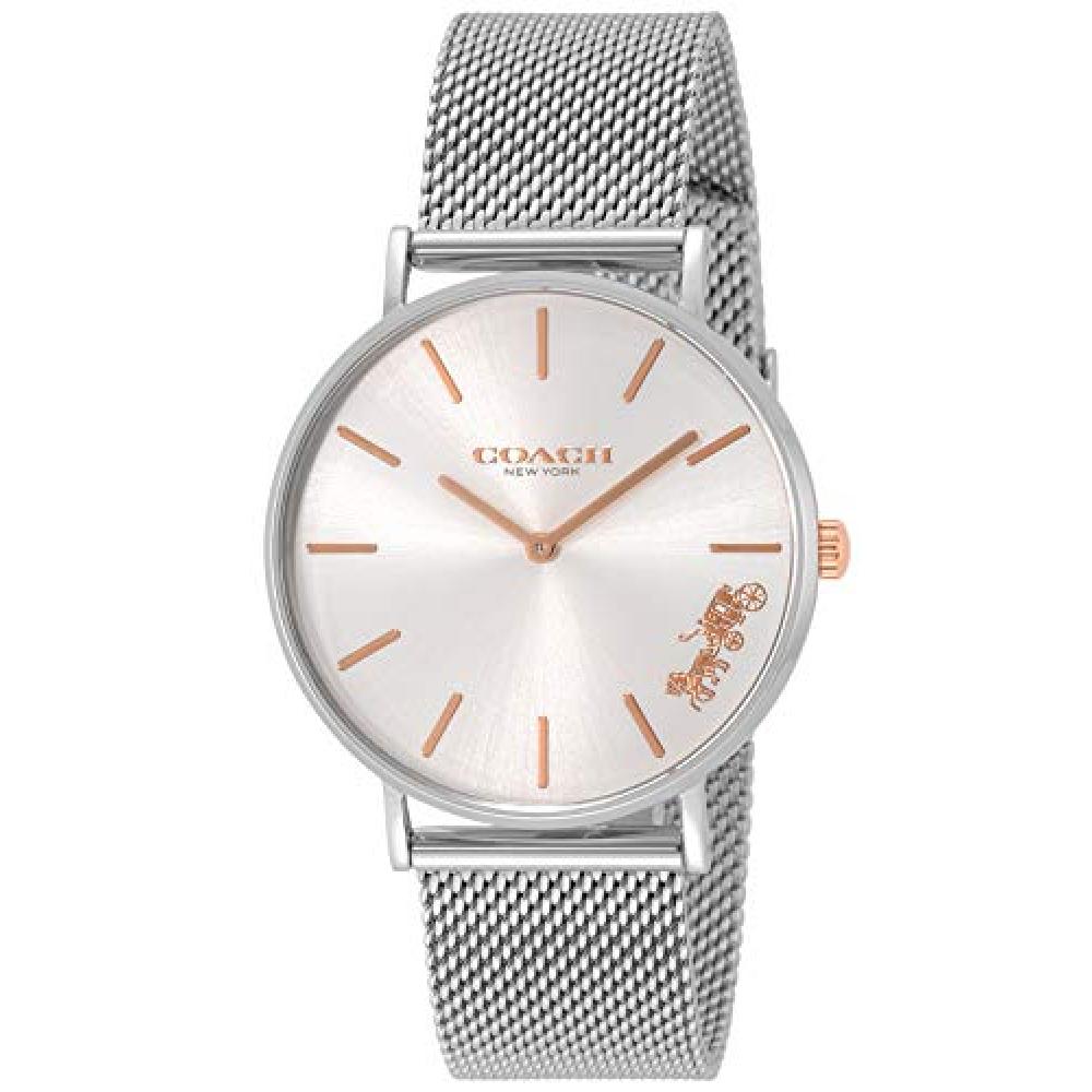 Coach Perry ladies watch with silver dial, rose gold indices and hands, stainless steel mesh strap