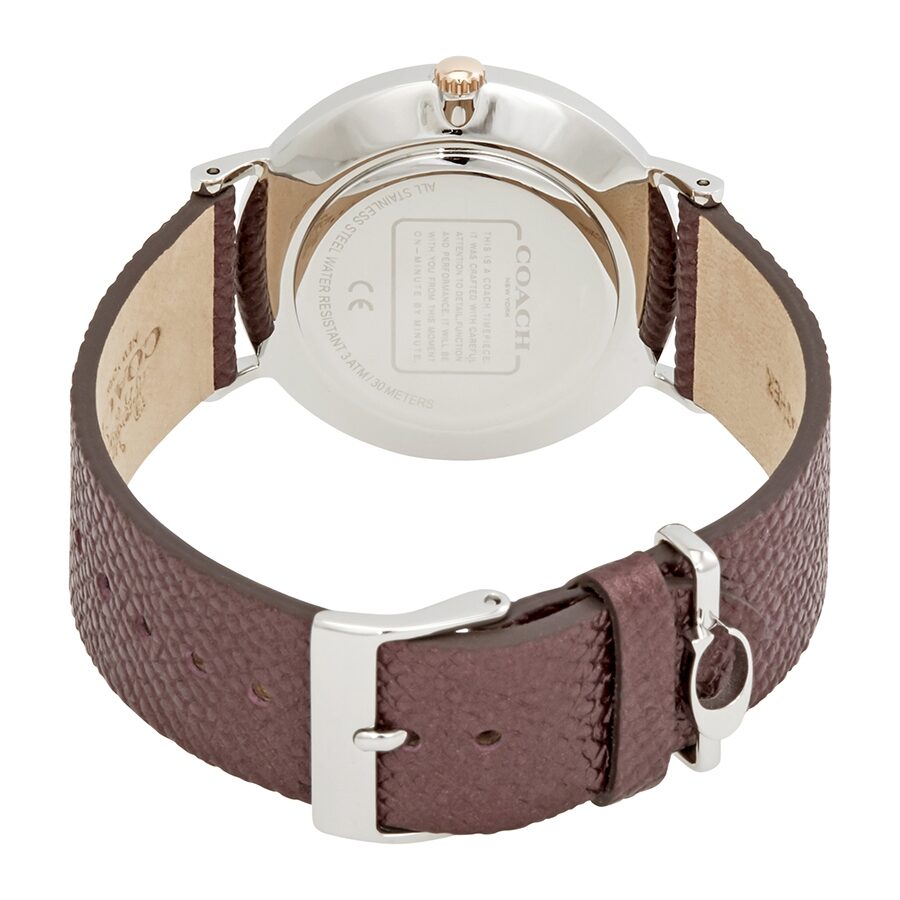 Coach Perry watch caseback showing silver case with burgundy leather strap and buckle