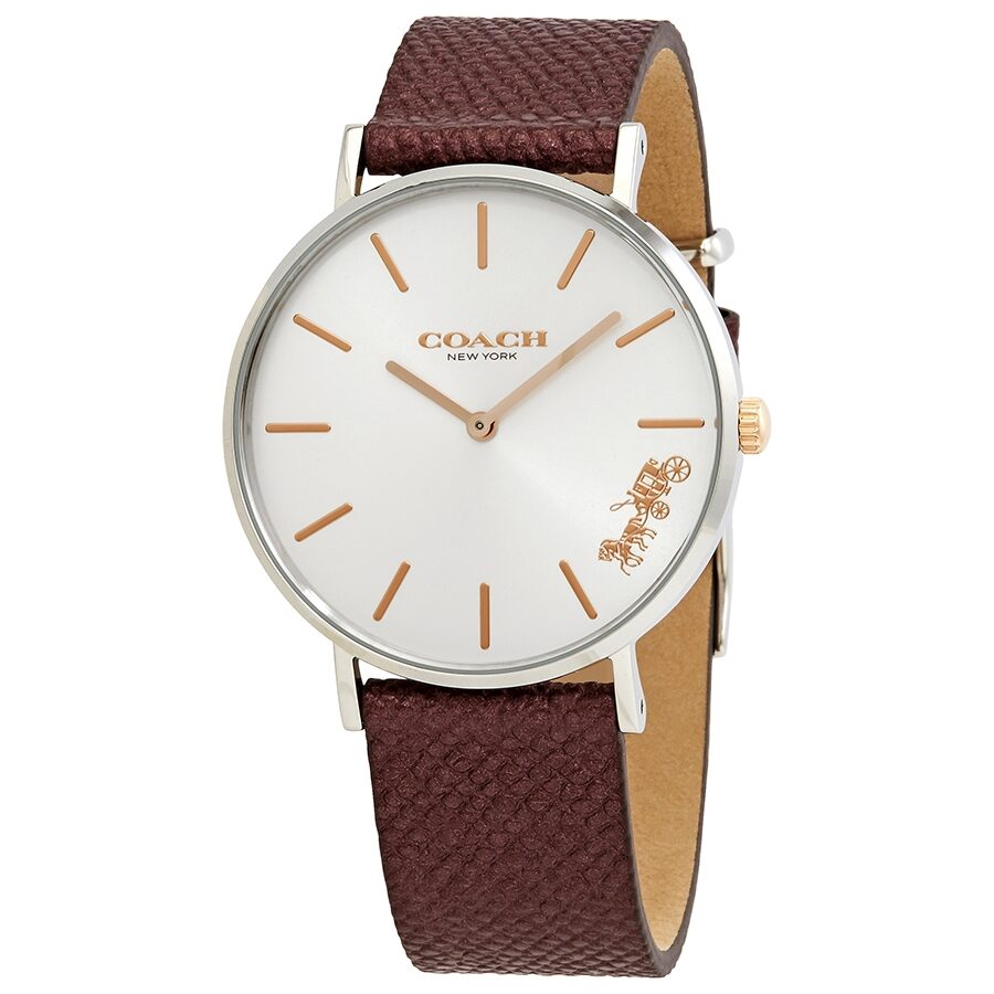 Coach Perry women's watch with white dial, burgundy leather strap, and rose gold accents