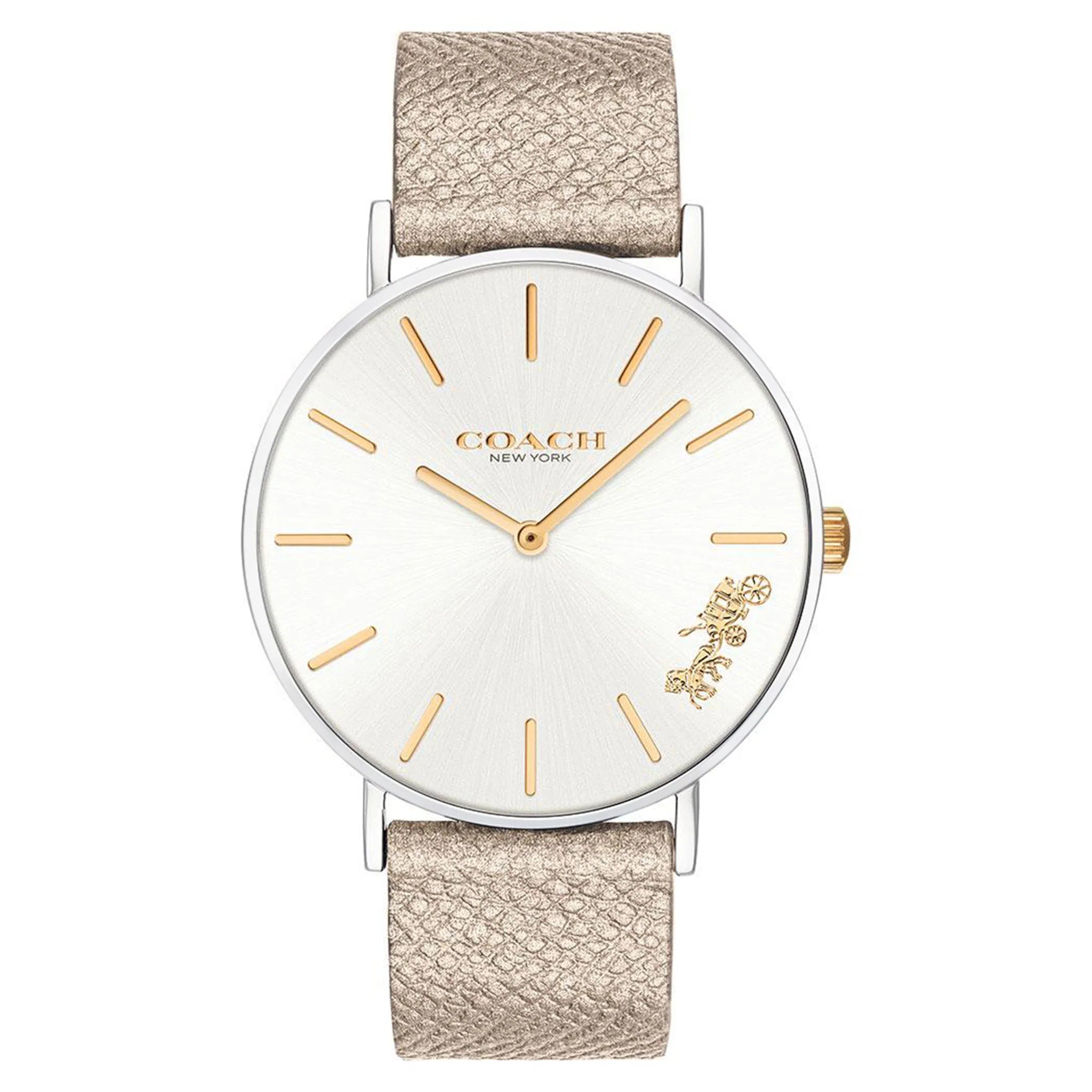 Coach Perry quartz ladies watch with silver dial, gold markers and hands, taupe leather strap
