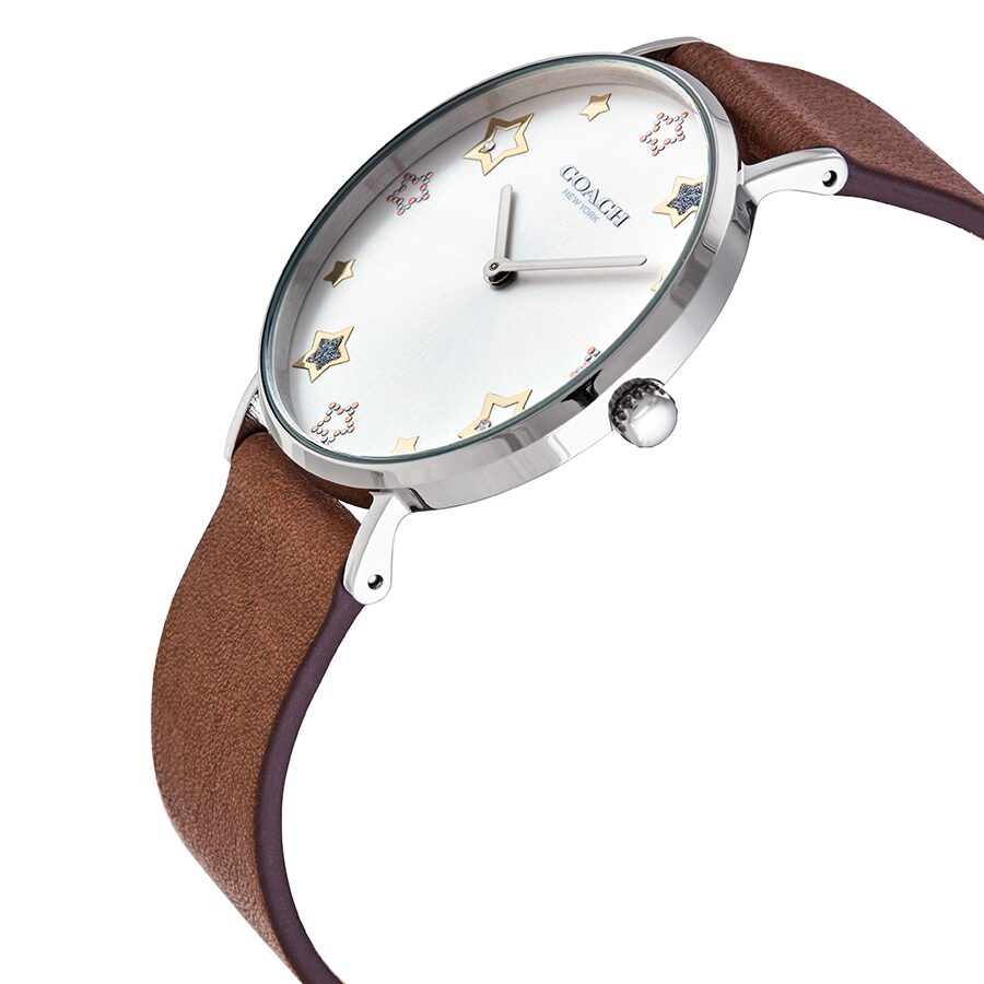 Coach Perry watch angled view showing silver dial with star indices and brown leather band