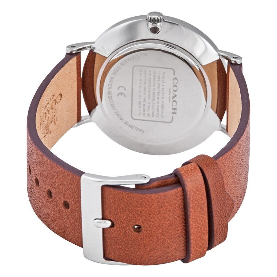Coach Perry watch caseback showing stainless steel case and brown leather strap with silver buckle