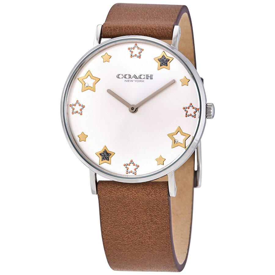 Coach Perry ladies quartz watch with silver dial, gold and rose gold star markers, and brown leather strap