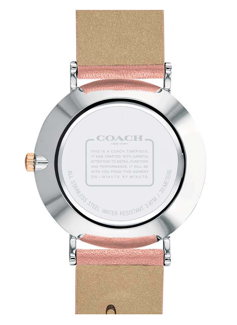 Coach Perry watch caseback with stainless steel case and Coach branding