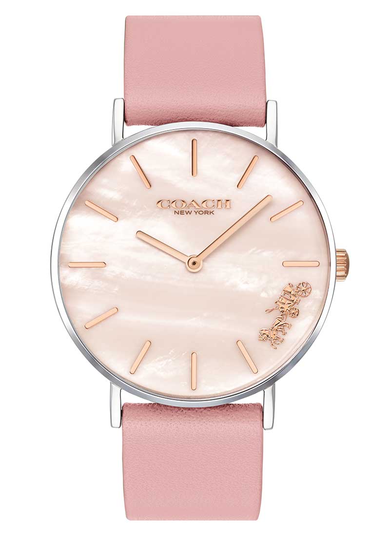Coach Perry quartz ladies watch with peach mother of pearl dial and pink leather strap