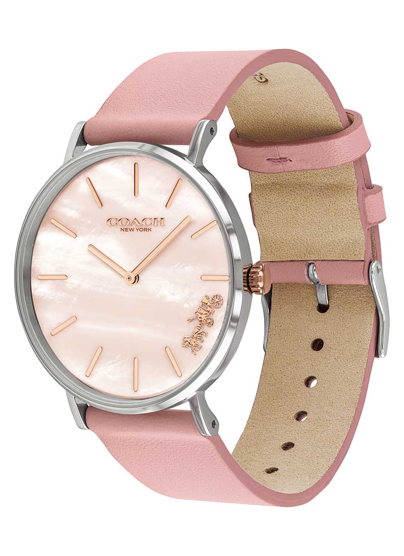Coach Perry ladies watch side view showing pink leather strap and beige suede interior
