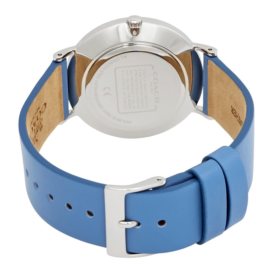 Coach Perry watch caseback showing stainless steel back with blue leather strap