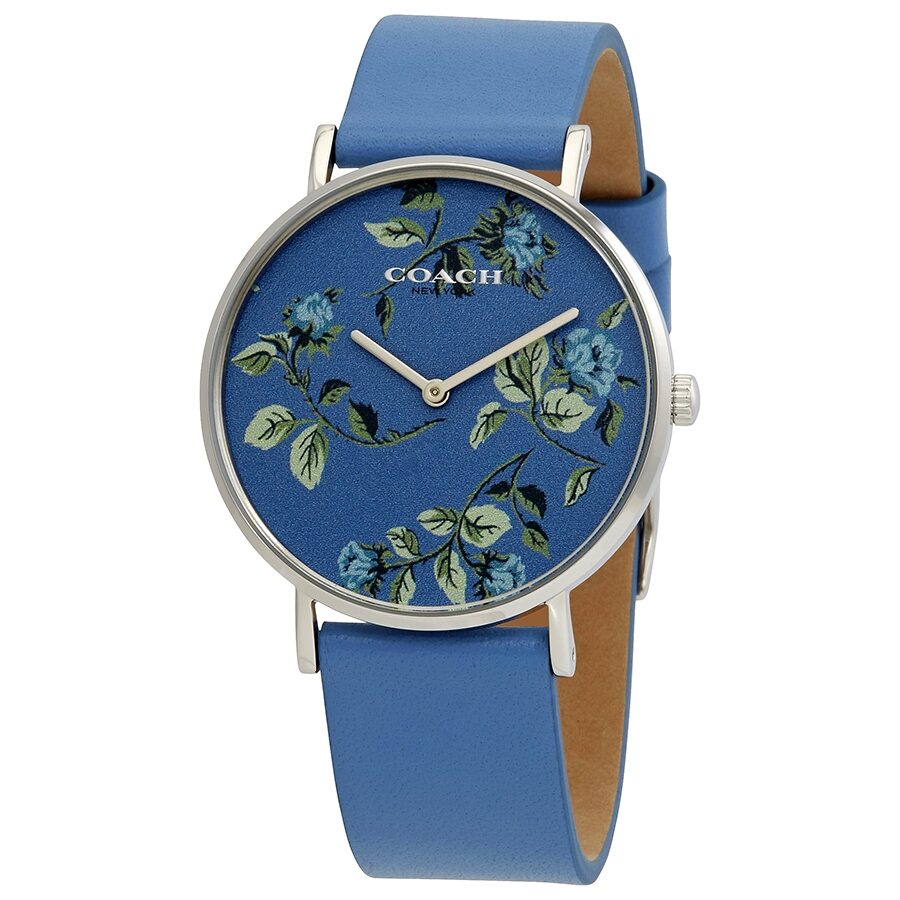 Coach Perry ladies watch with blue arboreal floral dial and blue leather strap