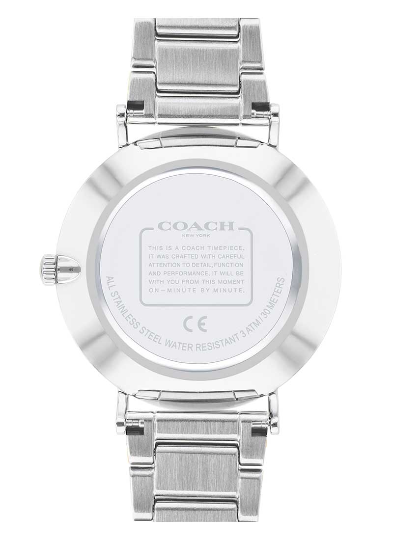 Coach Perry watch caseback showing water resistance and specifications