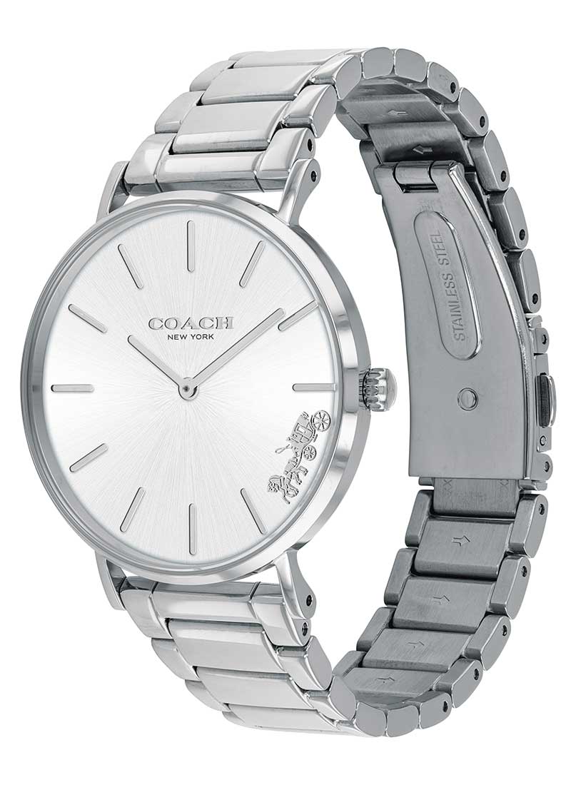 Coach Perry watch displayed on angle showing profile and stainless steel band
