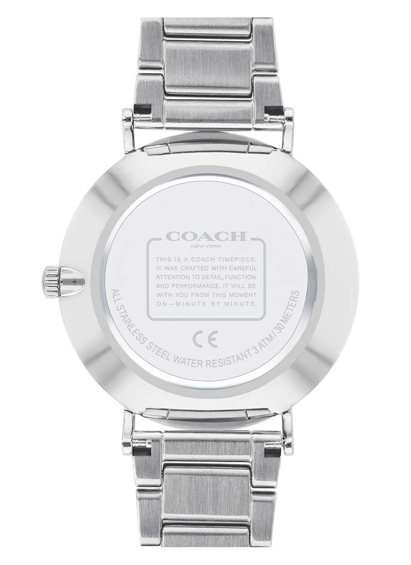 Coach Perry watch caseback showing water resistance specification and branding