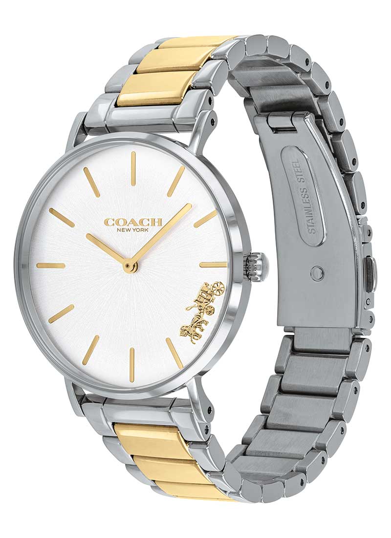 Coach Perry watch side view displaying two-tone stainless steel bracelet with secure clasp