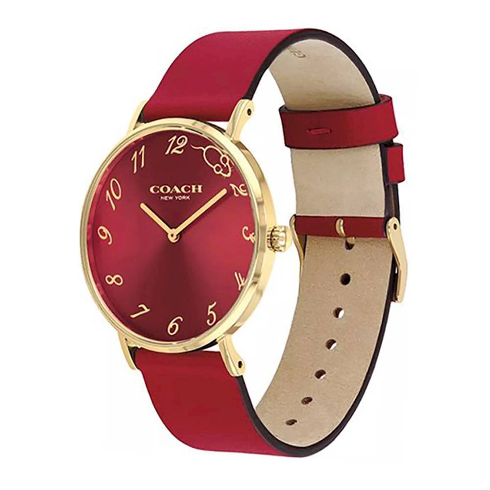 Coach Perry watch side view showing red leather strap and gold-tone case