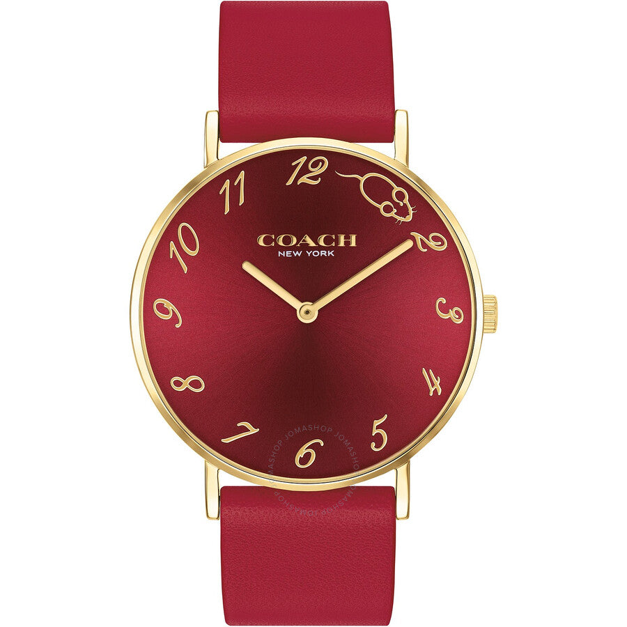 Coach Perry quartz women's watch with red dial, gold numerals, and red leather strap