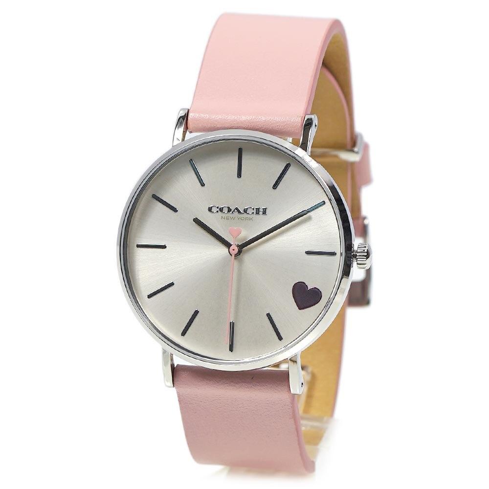 Coach Perry women's watch with silver dial, blush pink leather strap, and heart detail