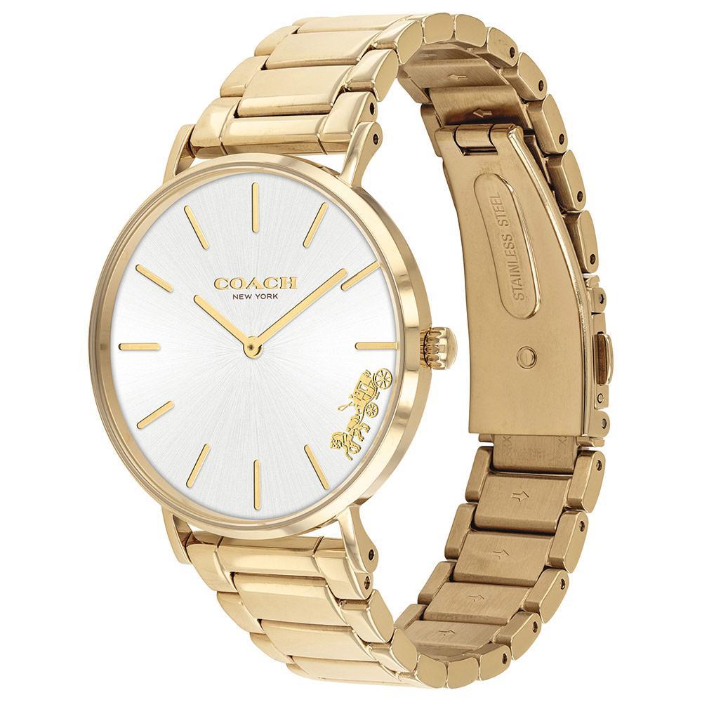 Coach Perry gold bracelet watch side view displaying band links and case profile