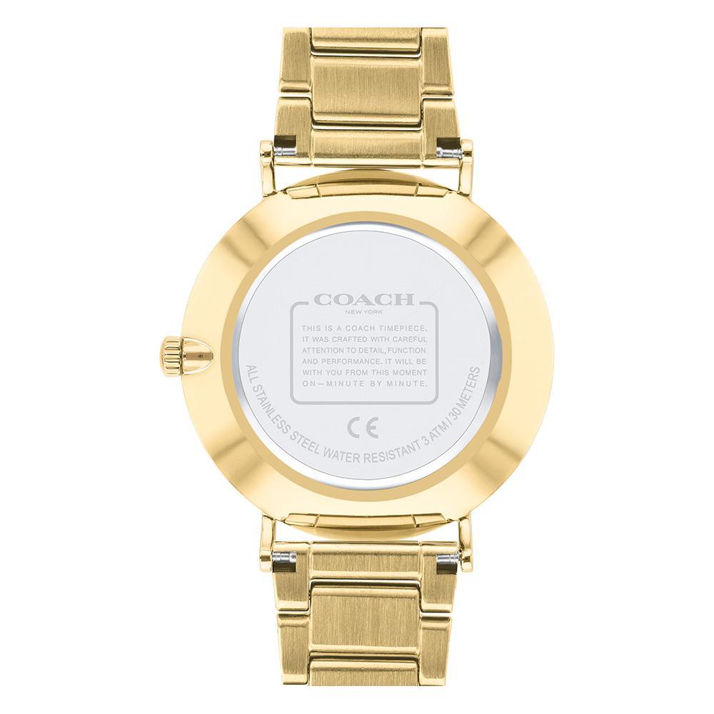 Coach Perry gold watch caseback showing specifications and water resistance marking