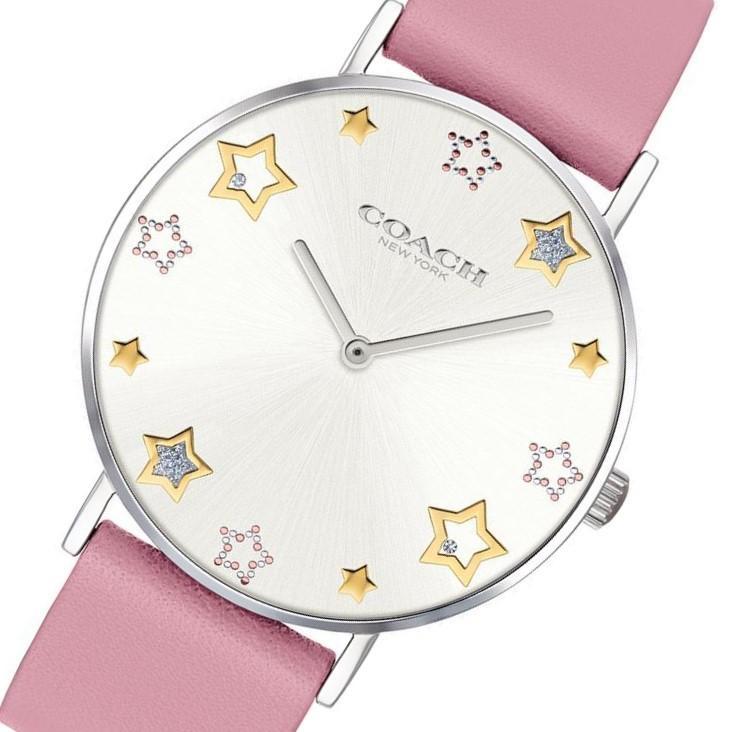 Coach Perry watch angled view showing white dial with star hour markers and pink leather strap
